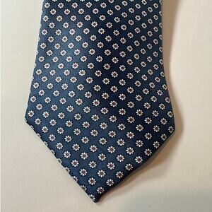 Rene Chagal Hand made Tie Myung Ju Silk Blue Red White Sunburst Floral Navy